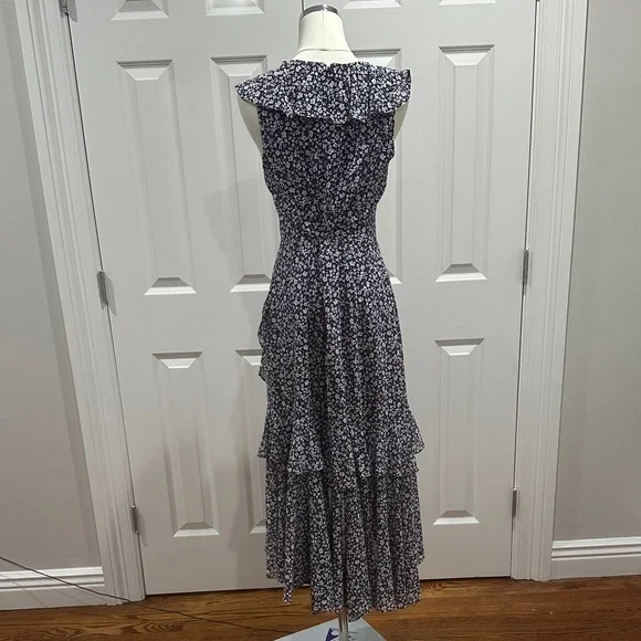Maggy London Navy Blue V-Neck Floral Ruffles Coquette Girl Midi Dress Size 10 - Picture 9 of 15